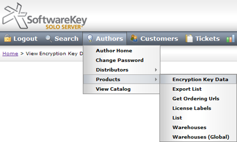 Screen shot of Authors/Products/Encryption Key Data menu