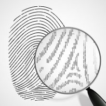 fingerprint and magnifying glass bw