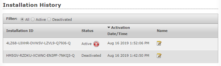 Customer License Portal Installation History