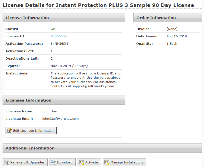 Customer License Portal License Details